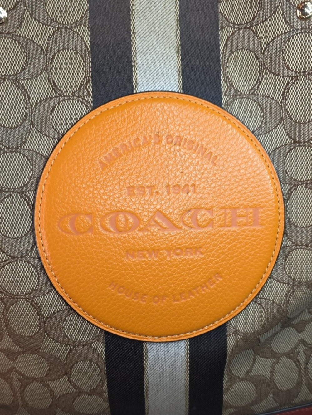 Coach Dempsey Signature Tote with Orange Medallion and Burgundy Trim - Picture 2 of 11